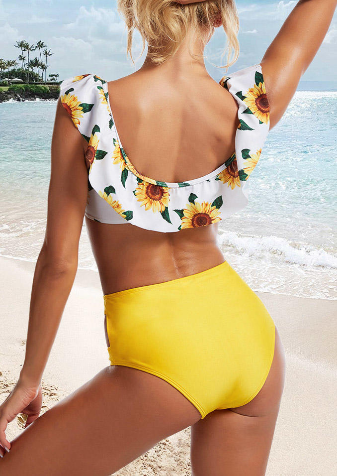 Bikini Sets Ruffled Sunflower Hollow Out Bikini Set in Yellow. Size: S,M,L,XL