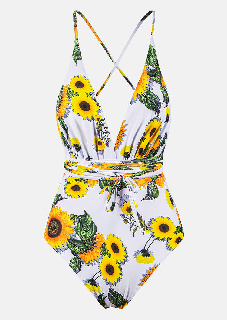 

One-Pieces Swimsuit Sunflower Open Back Halter One-Piece Bathing Suit Swimwear in White. Size: ,L