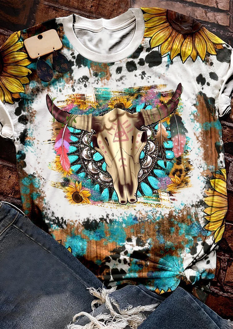 T-shirts Tees Steer Skull Sunflower Tie Dye T-Shirt Tee in Multicolor. Size: L,XL