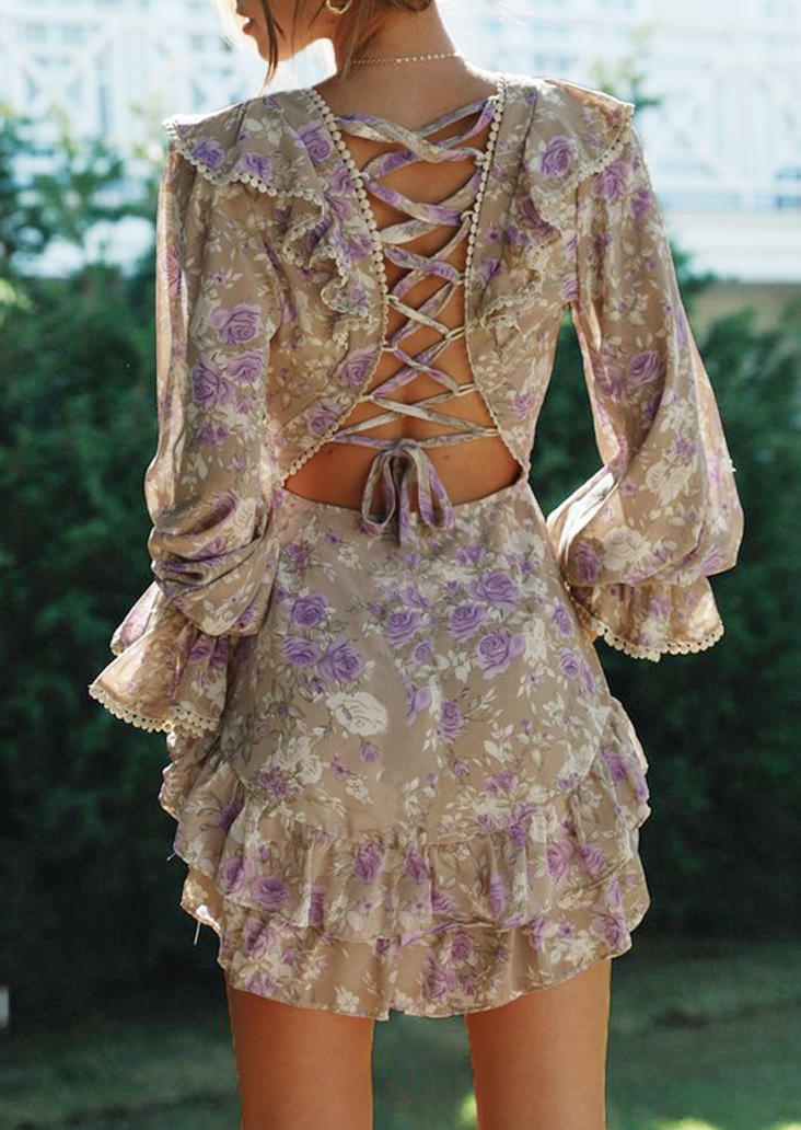 Floral Lace Up Ruffled Mini Dress - Light Purple 529349