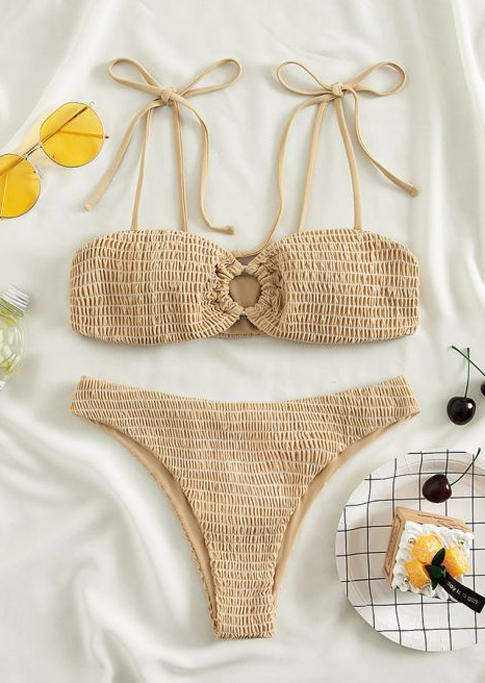 

Bikini Sets Smocked Tie Spaghetti Strap Bikini Set in Khaki. Size: ,M,L