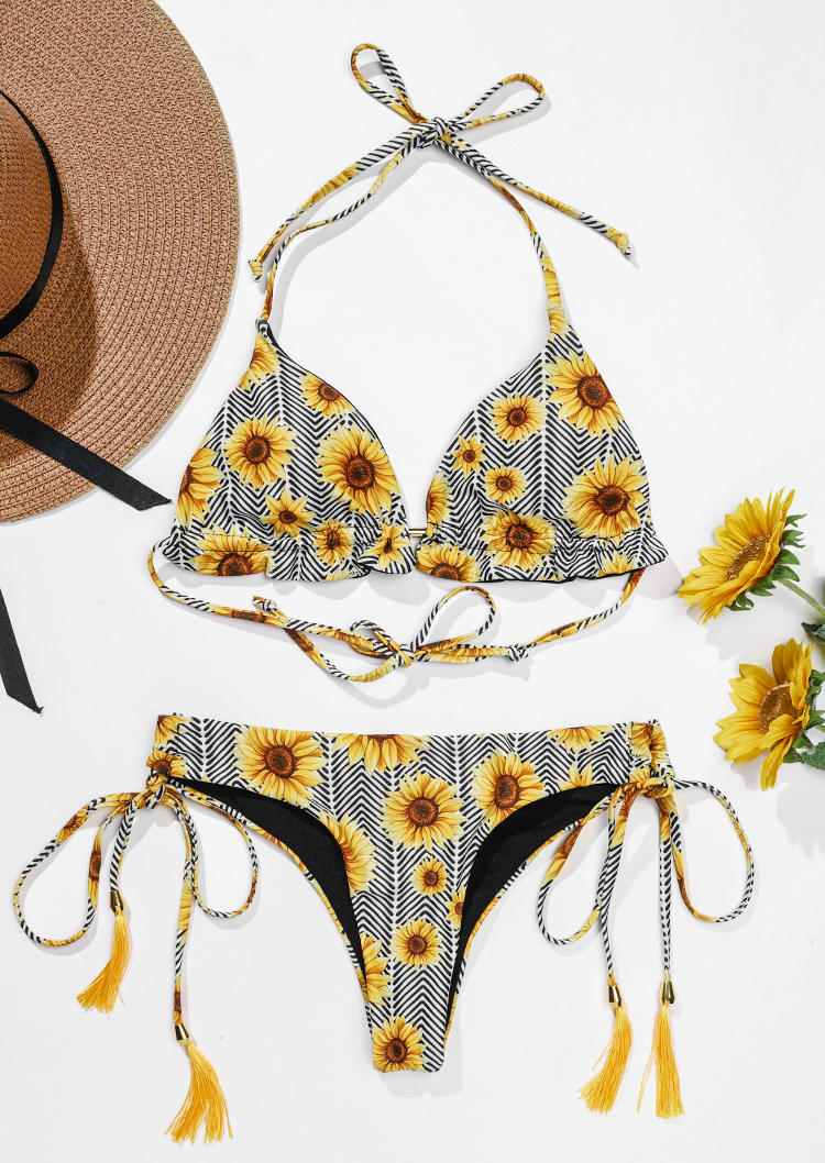 

Bikini Sets Sunflower Tassel Strap Bikini Set in Yellow. Size