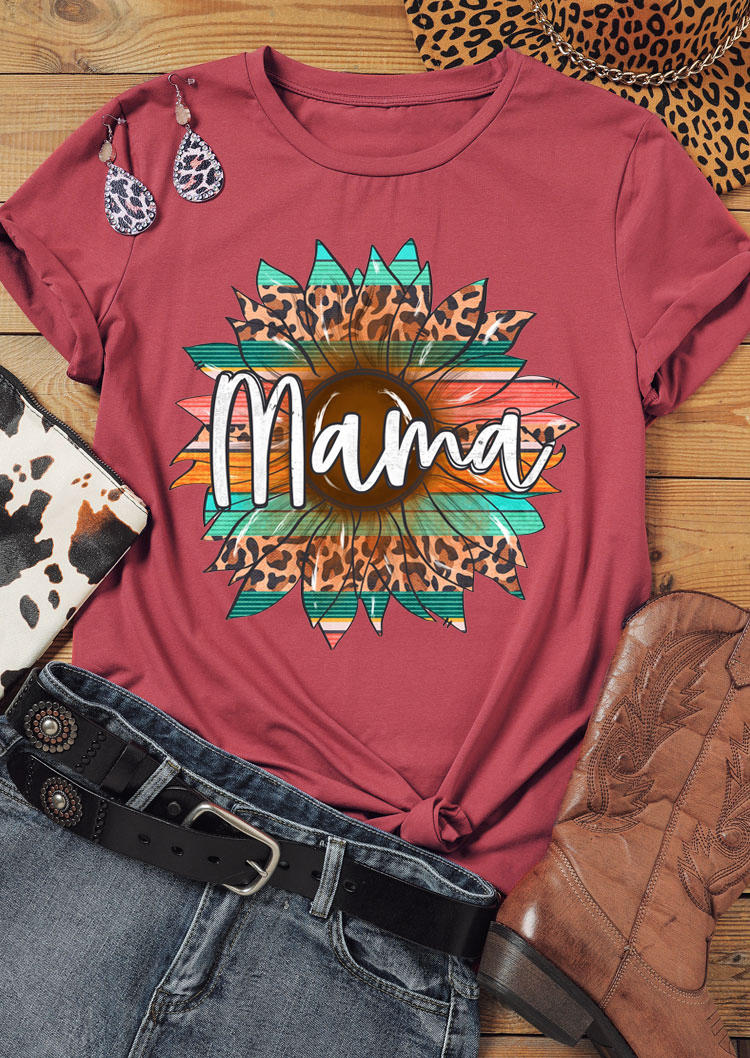 T-shirts Tees Mama Leopard Sunflower T-Shirt Tee in Brick Red. Size: S,M,L,XL
