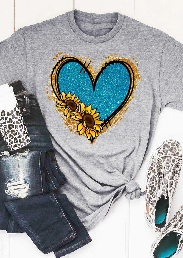 T-shirts Tees Heart Sunflower T-Shirt Tee in Gray. Size: M,L,XL