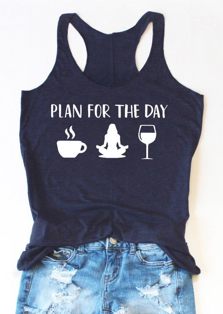 Tank Tops Plan For The Day Coffee Yoga Wine Racerback Tank Top in Navy Blue. Size: L