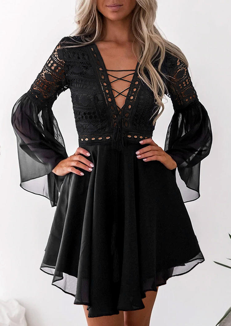 Lace Splicing Chiffon Tassel Lace Up Mini Dress - Black 529760