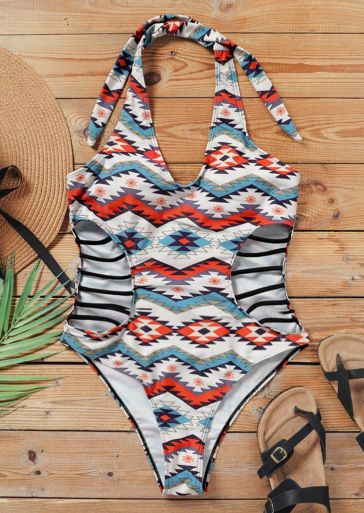 One-Pieces Swimsuit Aztec Geometric Cut Out One-Piece Bathing Suit Swimwear in White. Size: S