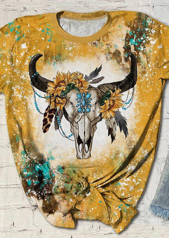 T-shirts Tees Steer Skull Sunflower Bleached T-Shirt Tee in Yellow. Size: S,XL
