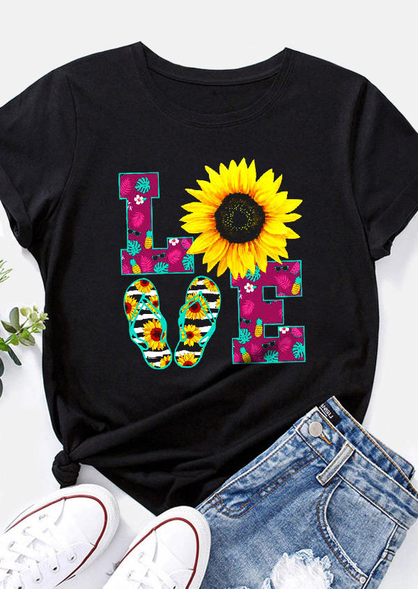 T-shirts Tees Sunflower Love Palm Leaf T-Shirt Tee in Black. Size: S,M