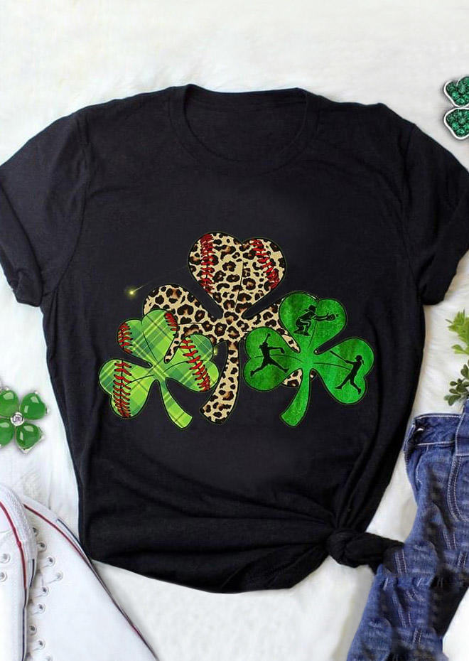St. Patrick's Day Lucky Shamrock Leopard T-Shirt Tee - Black 529605