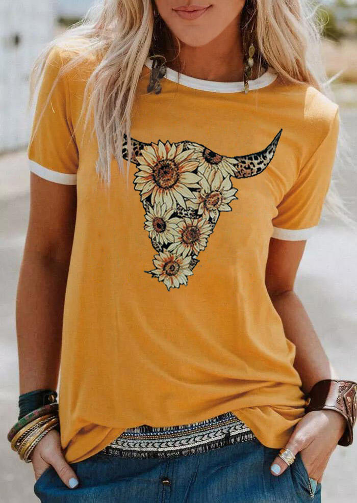 T-shirts Tees Sunflower Steer Skull T-Shirt Tee in Yellow. Size: S,M,L,XL