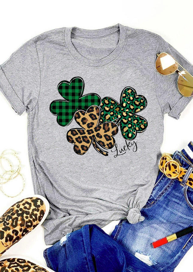 St. Patrick's Day Lucky Shamrock Leopard T-Shirt Tee - Light Grey 529660