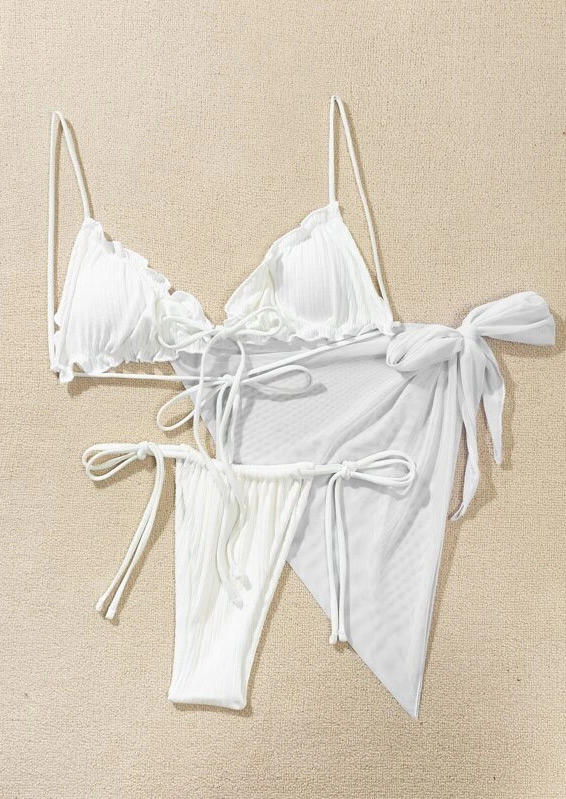 

Bikini Sets 3Pcs Ruffled Tie Bikini Set in White. Size