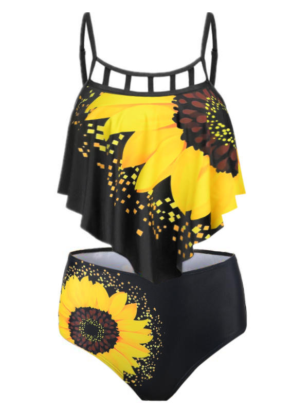 Tankinis Sunflower Hollow Out Tankini Set in Black. Size: L,M,S,XL