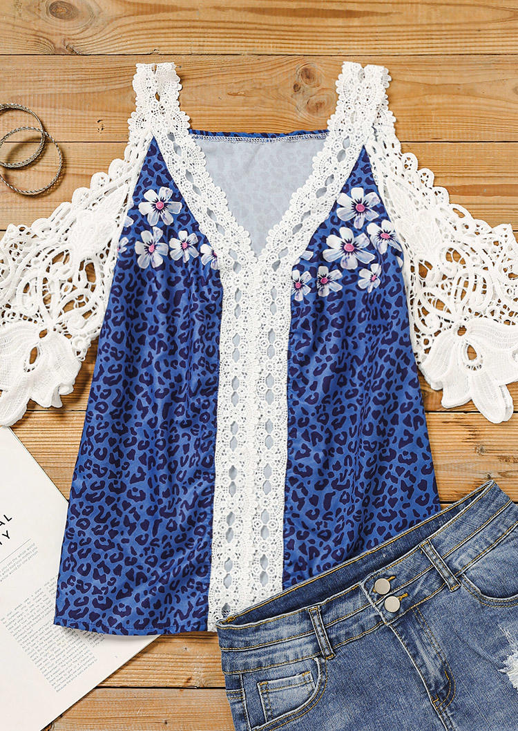 

Blouses Floral Leopard Lace Splicing Cold Shoulder Blouse in Blue. Size