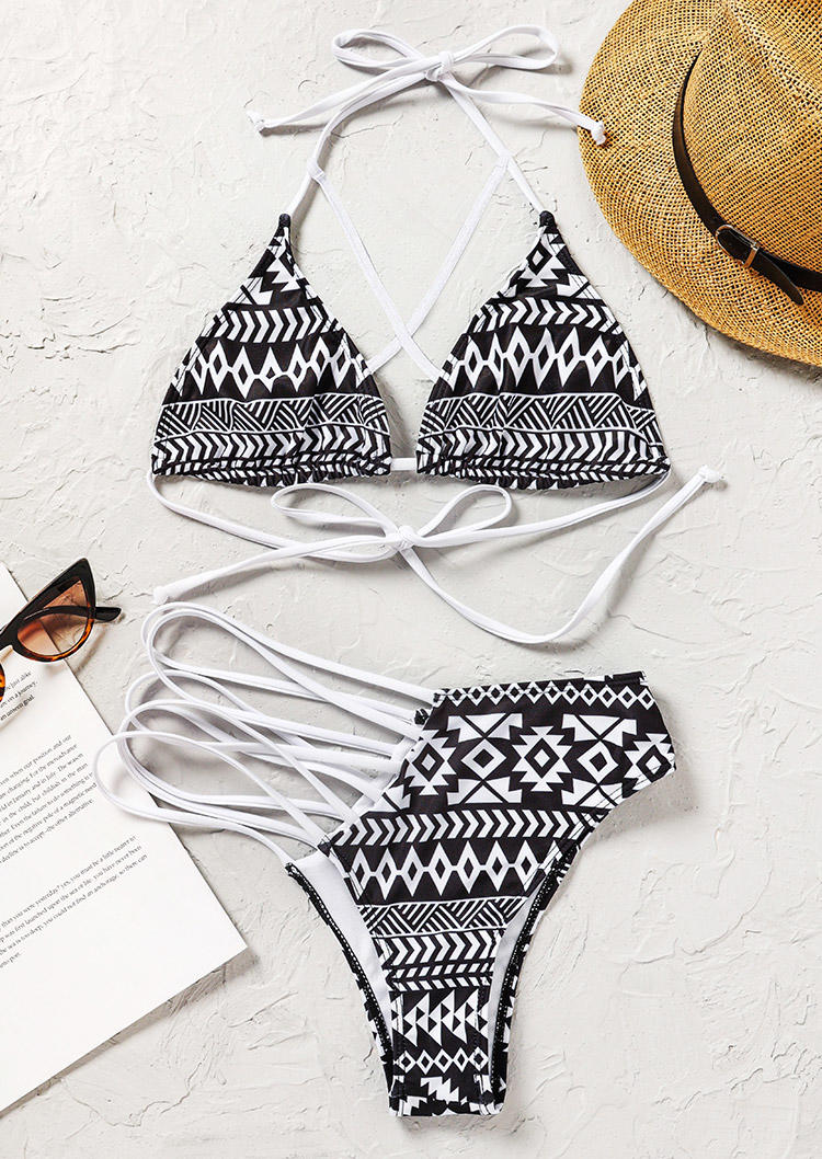 Bikini Sets Aztec Geometric Criss-Cross Hollow Out Bikini Set in Black. Size: L