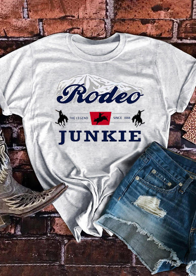 T-shirts Tees Rodeo Junkie Cowboy Horse T-Shirt Tee in Light Grey. Size: S,M,L,XL