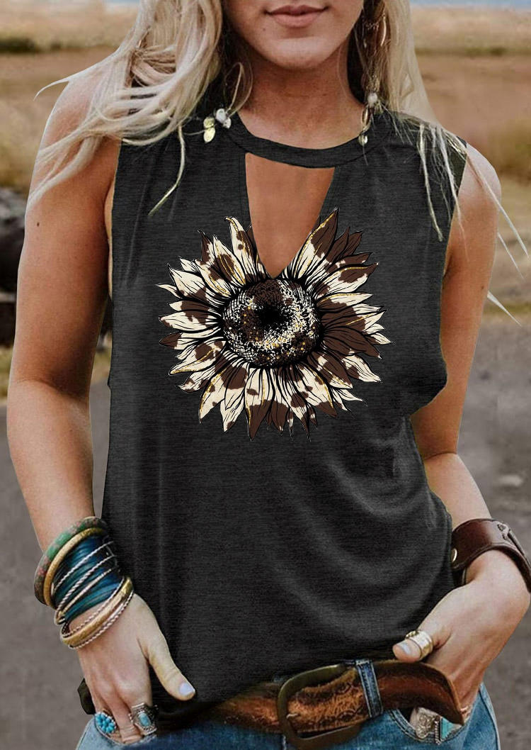 

Tank Tops Cow Sunflower Keyhole Neck Tank Top in Dark Grey. Size