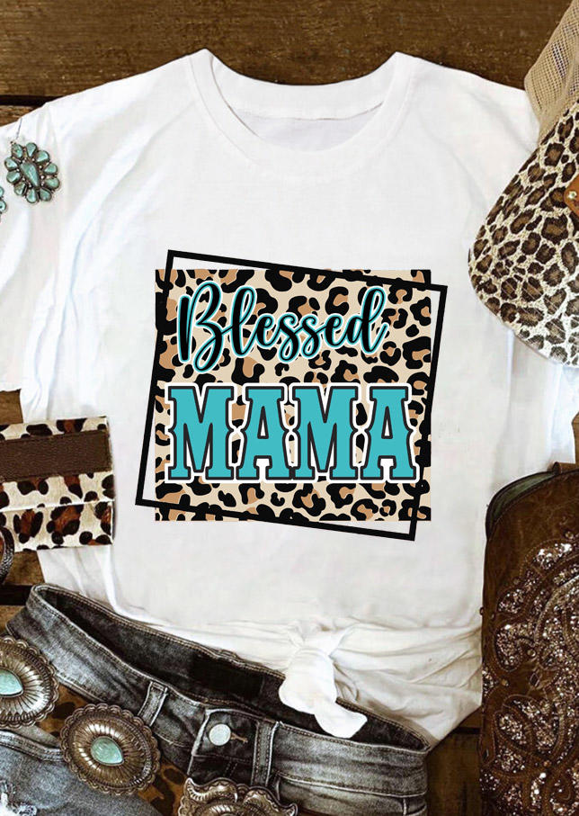 

T-shirts Tees Blessed Mama Leopard T-Shirt Tee in White. Size
