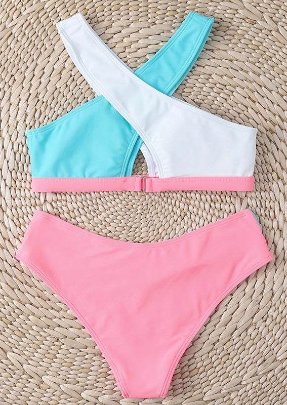 Bikini Sets Color Block Criss-Cross Hollow Out Bikini Set in Multicolor. Size: S,M,L,XL