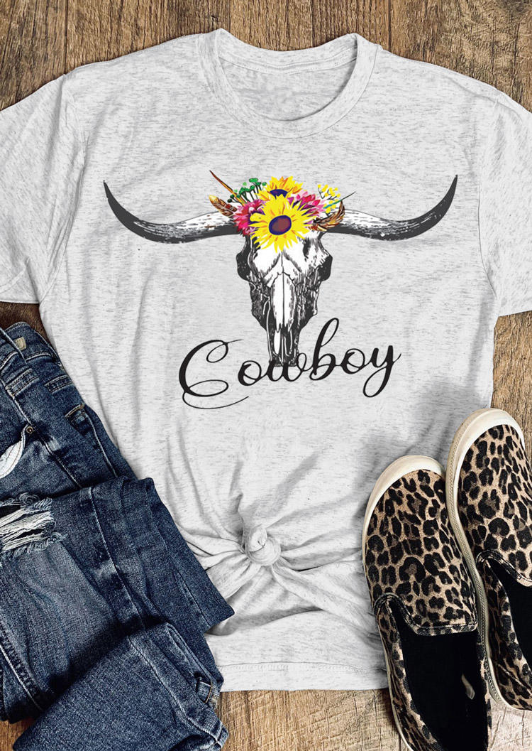 

T-shirts Tees Cowboy Floral Steer Skull T-Shirt Tee in Light Grey. Size: ,M,L,XL