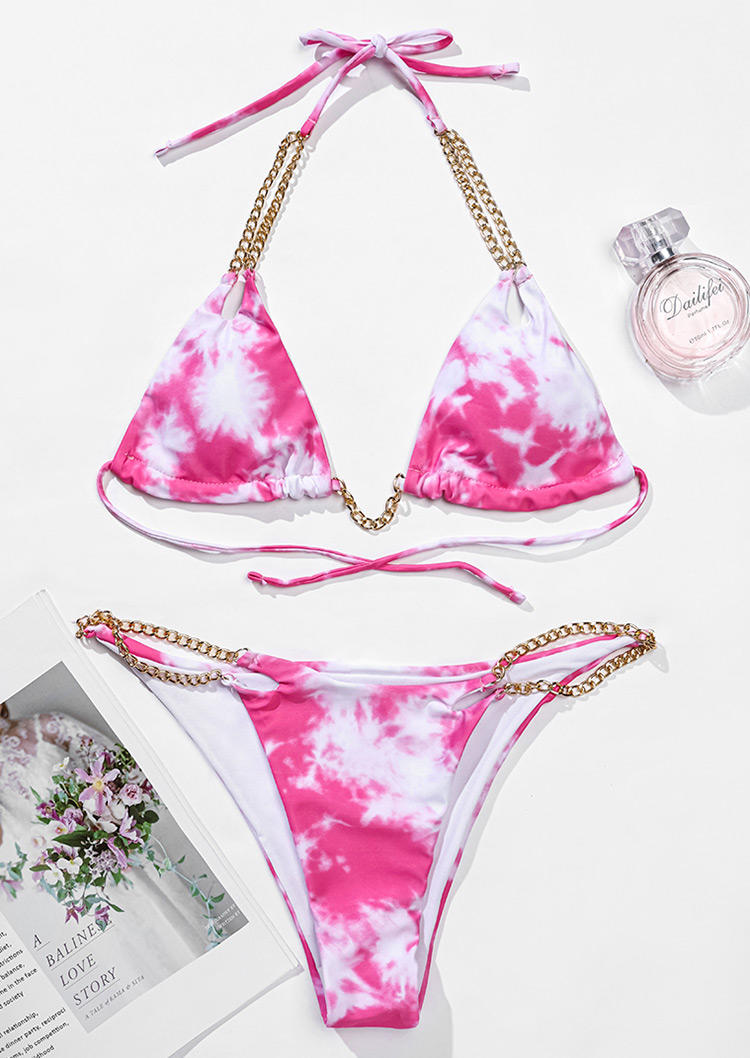 

Bikini Sets Tie Dye Chain Strap Halter Bikini Set in Pink. Size