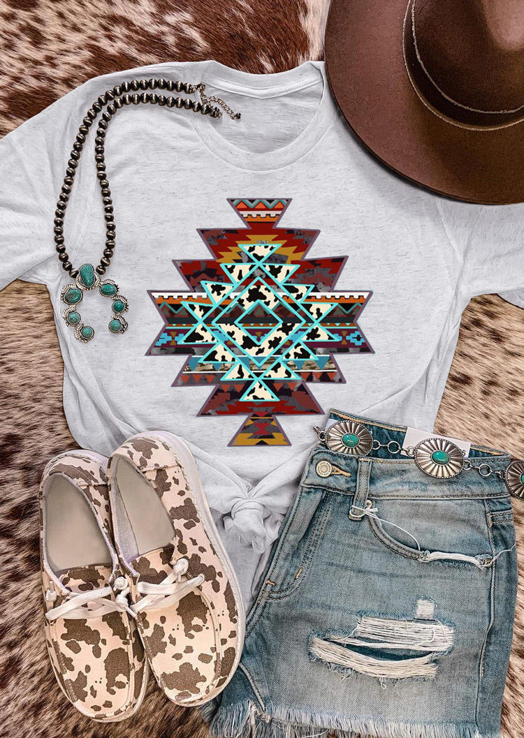 

T-shirts Tees Aztec Geometric Cow O-Neck T-Shirt Tee in Light Grey. Size: ,XL