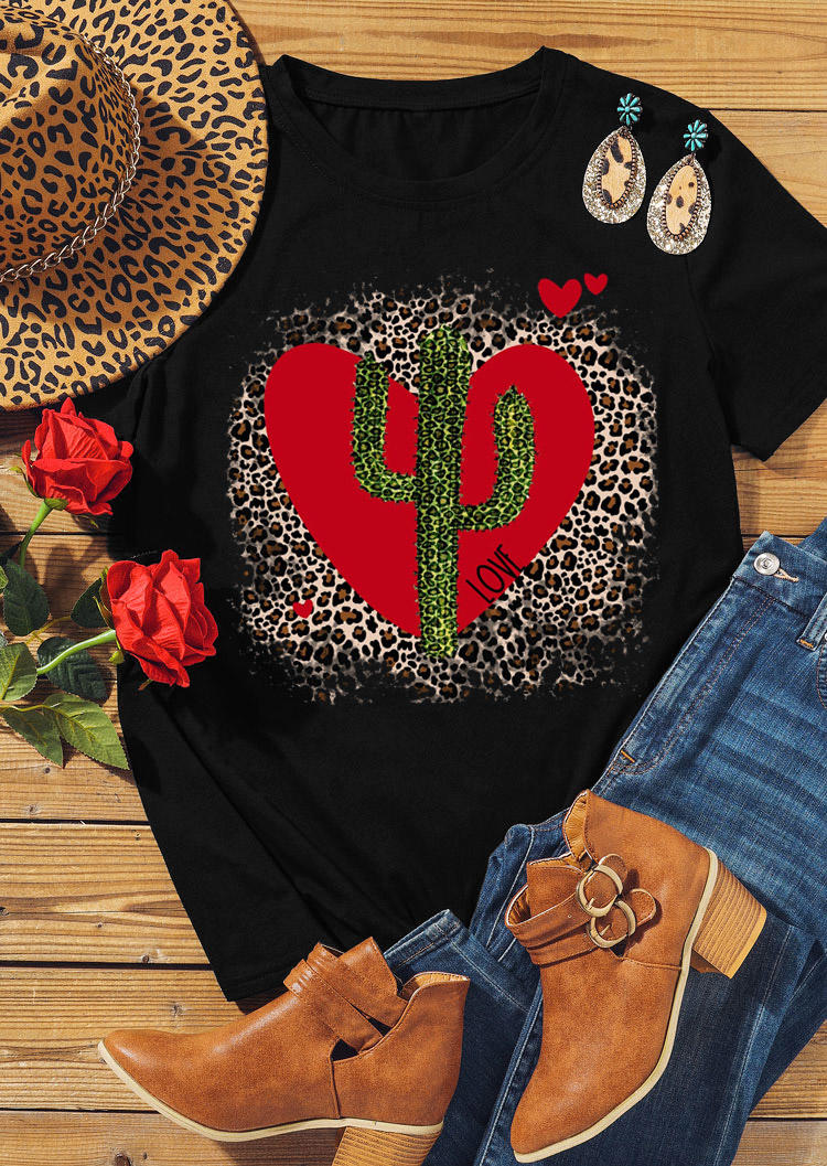 

T-shirts Tees Cactus Leopard Love Heart T-Shirt Tee in Black. Size