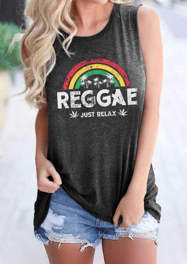 Tank Tops Reggae Just Relax Rainbow Palm Tree Tank Top in Dark Grey. Size: S,M,L,XL