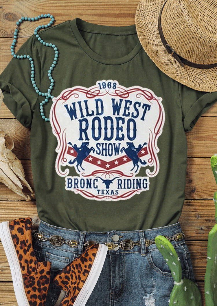 

T-shirts Tees Wild West Rodeo Show Bronc Riding Texas T-Shirt Tee in Army Green. Size