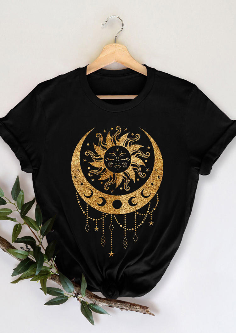 T-shirts Tees Sun And Moon O-Neck T-Shirt Tee in Black. Size: M,L,XL