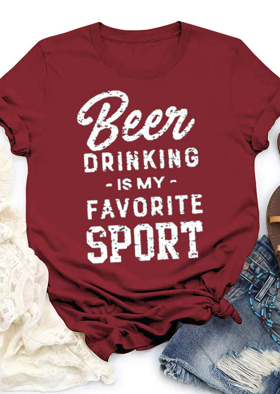T-shirts Tees Beer Drinking Is My Favorite Sport T-Shirt Tee in Burgundy. Size: S