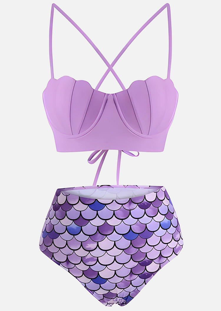 Bikini Sets Mermaid Scales Shell Criss-Cross Tie Bikini Set in Purple. Size: L,M,S,XL