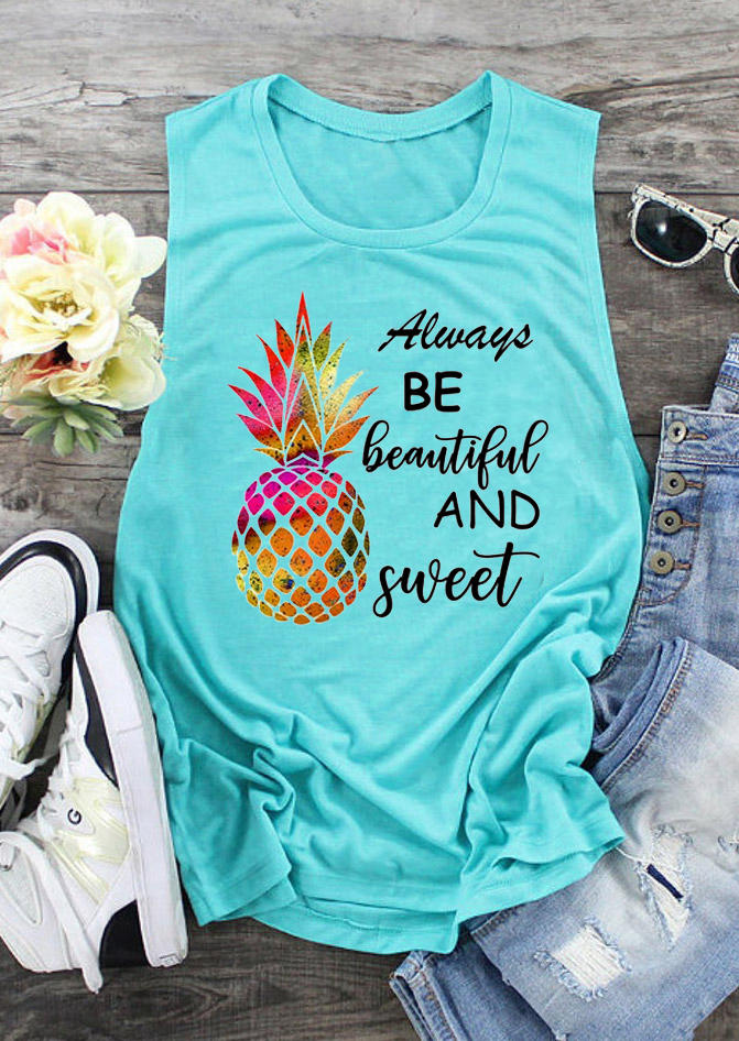 Tank Tops Always Be Beautiful And Sweet Pineapple Tank Top in Cyan. Size: S,M,L,XL