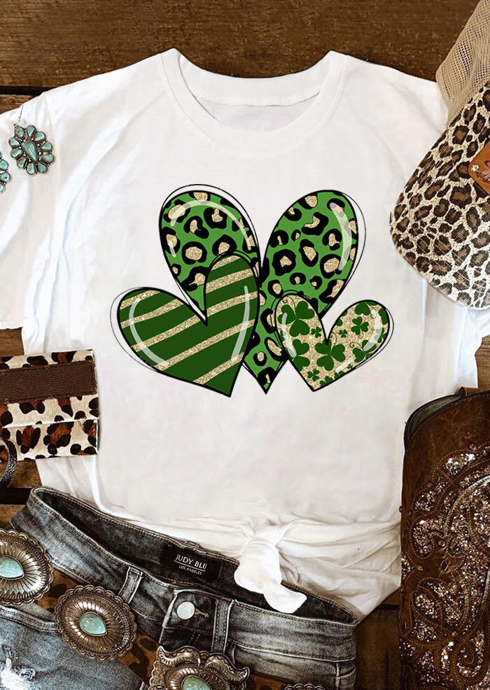 

T-shirts Tees St. Patrick's Day Leopard Striped Lucky Shamrock Heart T-Shirt Tee in White. Size