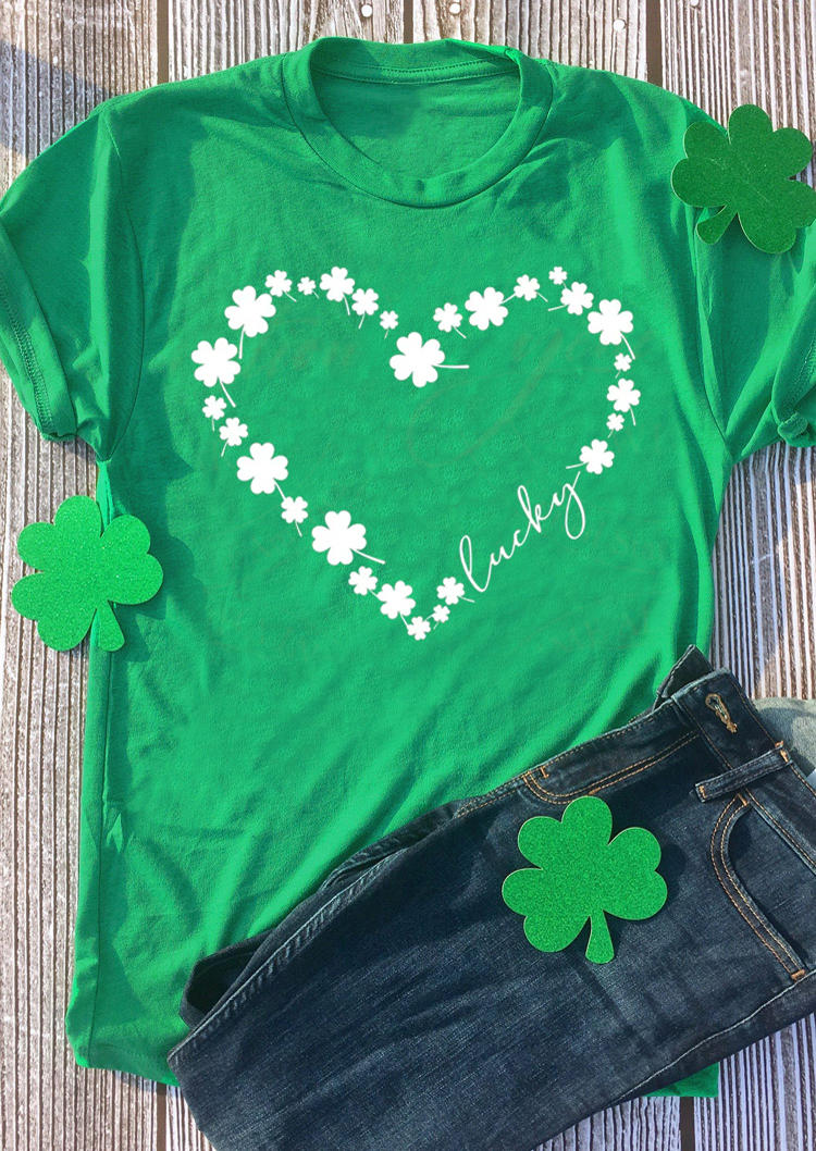 T-shirts Tees St. Patrick's Day Lucky Shamrock Heart T-Shirt Tee in Green. Size: S,M,L