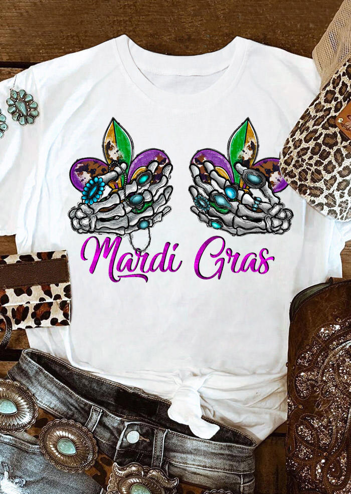 

T-shirts Tees Mardi Gras Turquoise Skeleton Hand T-Shirt Tee in White. Size