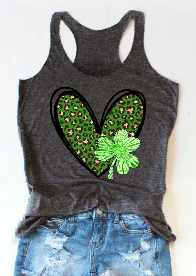 

Tank Tops St. Patrick's Day Shamrock Leopard Heart Racerback Tank Top in Dark Grey. Size