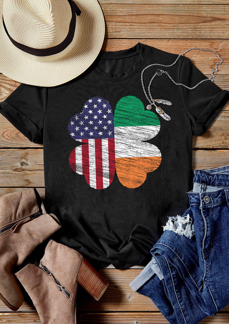 St. Patrick's Day Lucky Shamrock American Flag  T-Shirt Tee - Black
