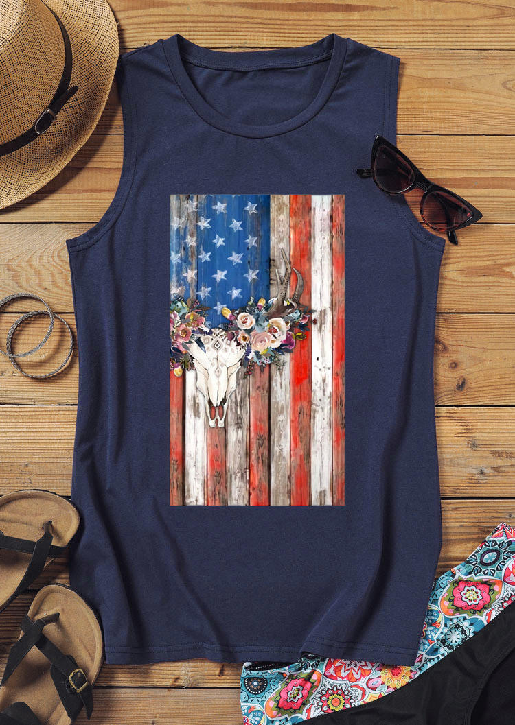 

Tank Tops Steer Skull American Flag Floral Tank Top in Navy Blue. Size