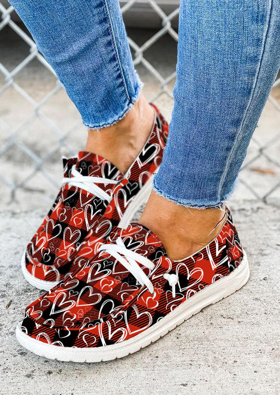 Sneakers Plaid Heart Lace Up Sneakers in Red. Size: 37,39,40