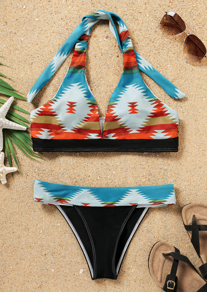 

Bikini Sets Aztec Geometric Halter Tie Bikini Set in Black. Size