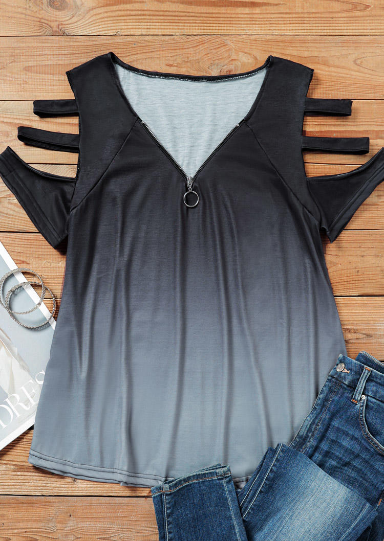 

Blouses Gradient Zipper Cut Out Cold Shoulder Blouse in Gray. Size