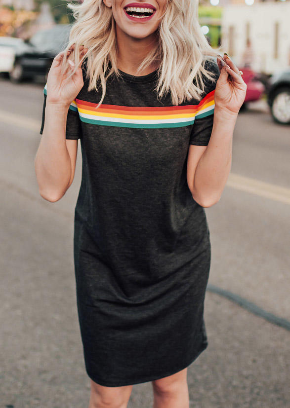 Colorful Striped O-Neck Mini Dress - Dark Grey