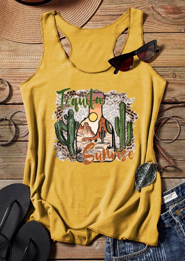 Tank Tops Tequila Sunrise Cactus Racerback Tank Top in Yellow. Size: S,M,L