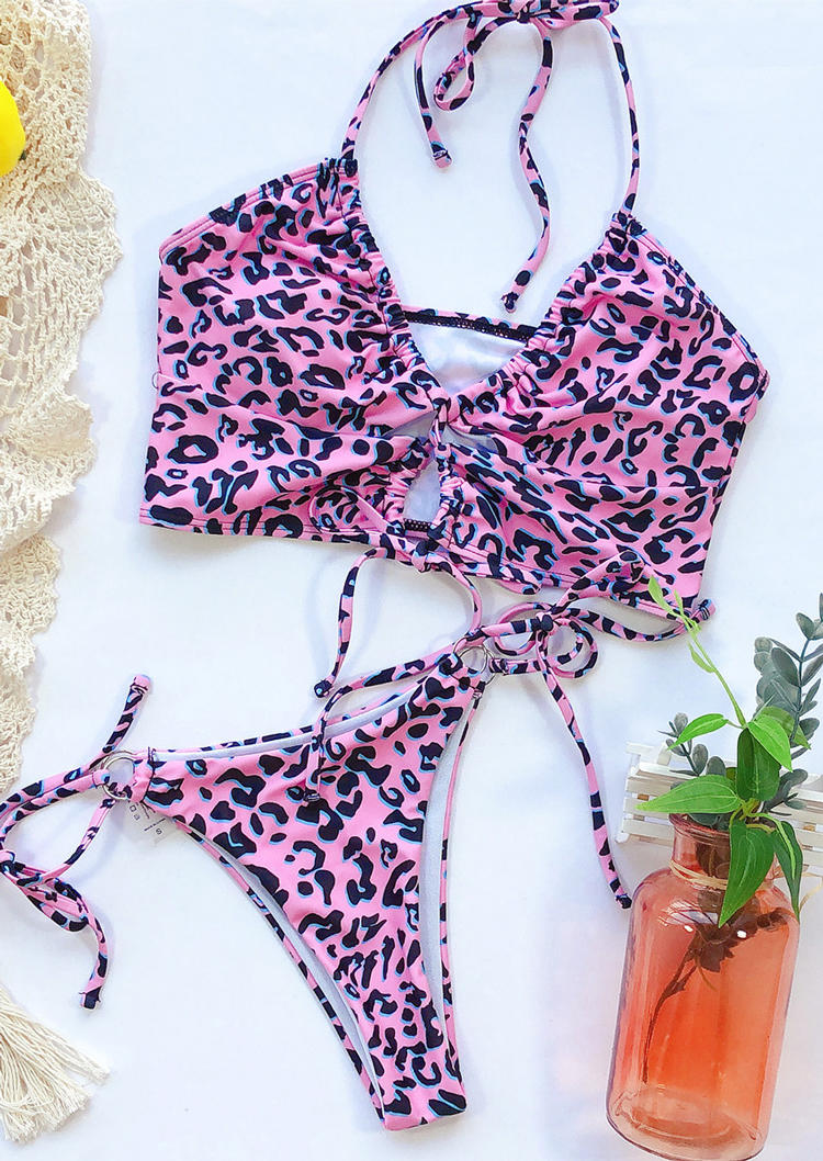 Bikini Sets Leopard Tie Halter Bikini Set in Pink. Size: S