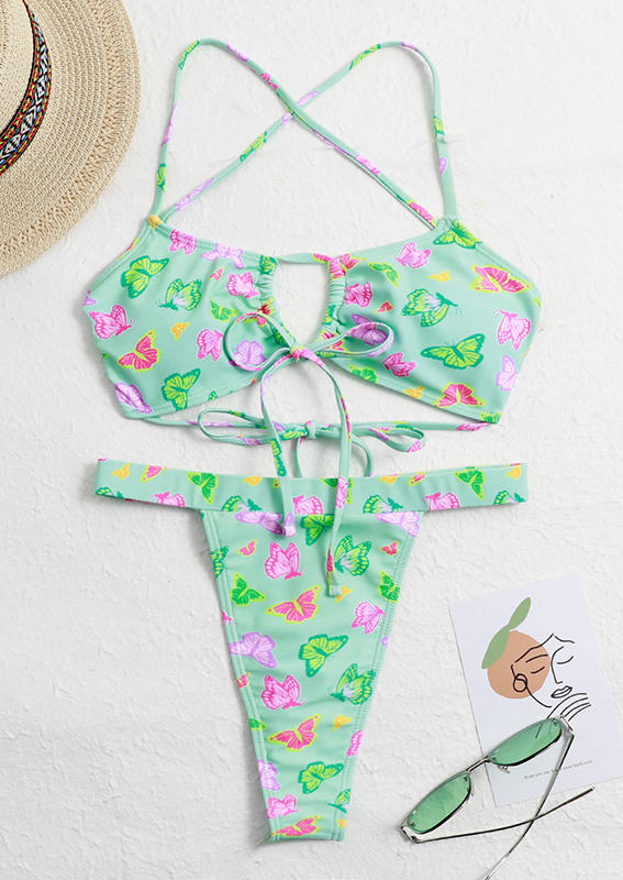 Bikini Sets Colorful Butterfly Criss-Cross Bikini Set in Green. Size: S