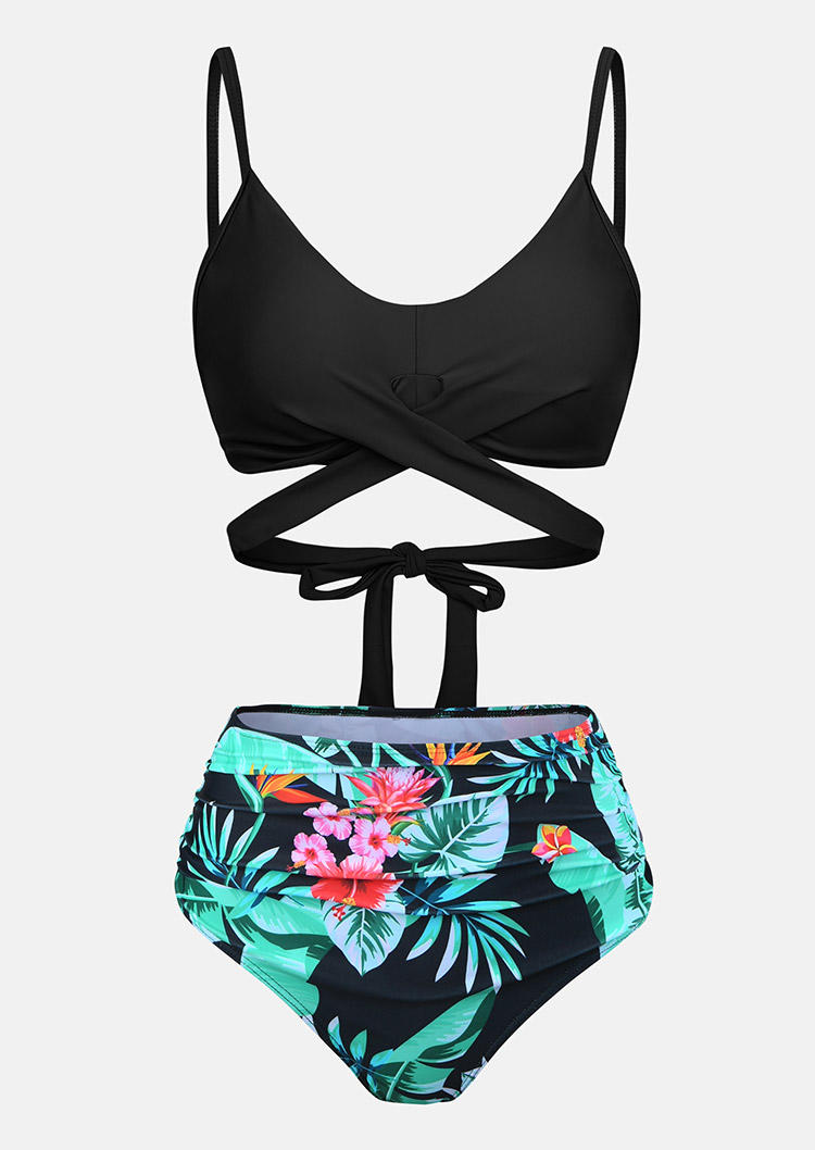 Bikini Sets Palm Leaf High Waist Bikini Set in Black. Size: S,XL