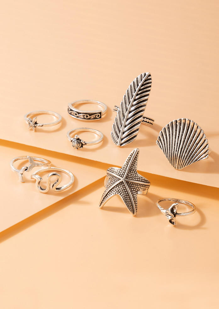 Rings 9Pcs Starfish Shell Feather Fish Tail Ring Set in Silver. Size: One Size