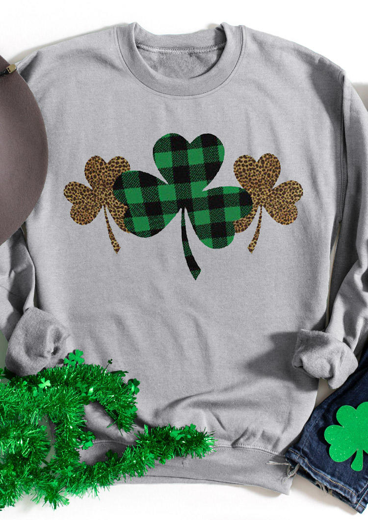 T-shirts Tees St. Patrick's Day Lucky Shamrock Plaid Leopard T-Shirt Tee in Light Grey. Size: S,M,L,XL